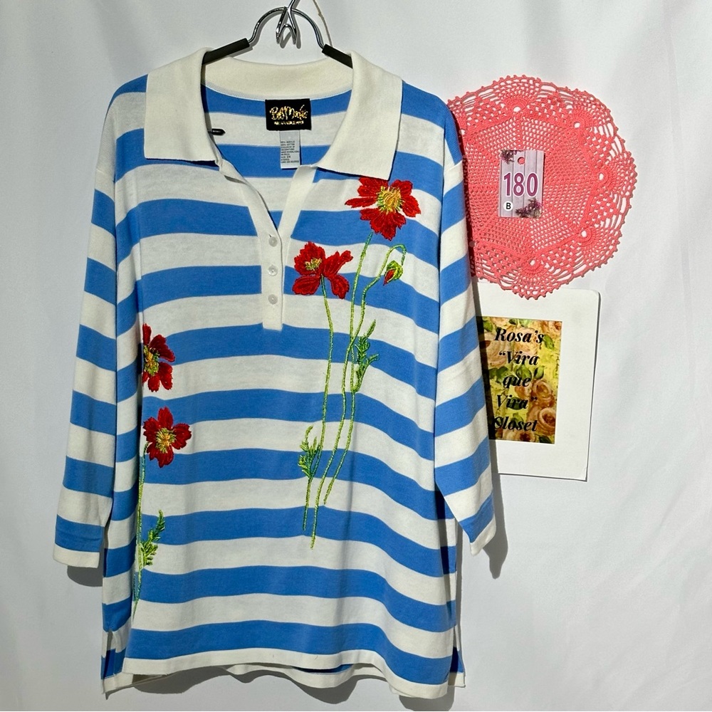 Bob Mackie Wearable Art Striped White and Blue 3 Button 3/4 Sleeve Sweater 3X - Picture 2 of 11